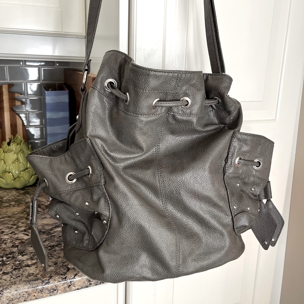 CLEO Tote with draw-string top closure, long strap , EUC, dark grey